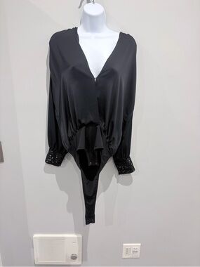 Ramy Brook Black Satin V-Neck Bodysuit Blouse